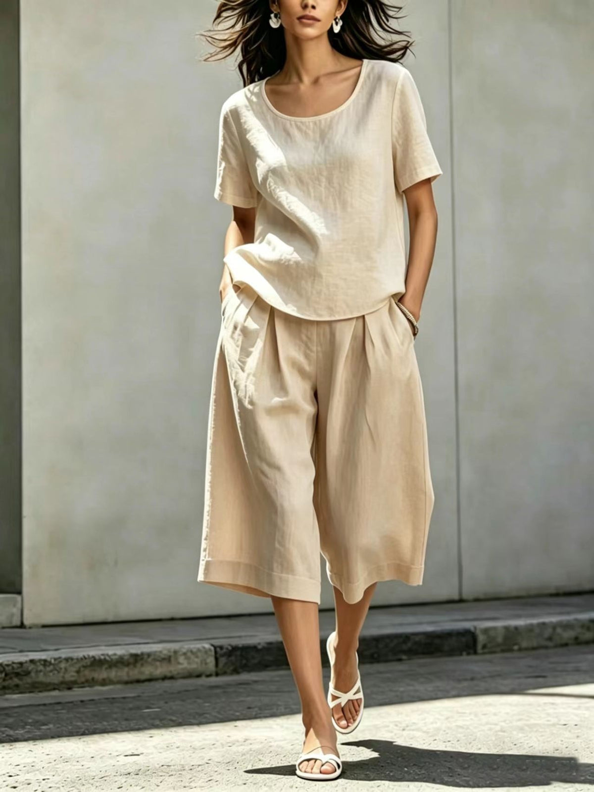 Cotton-linen Casual Loose-fitting Short-sleeve Top And Shorts Set