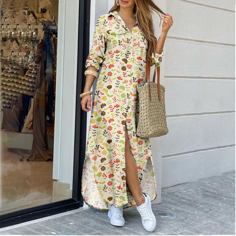 Lapel-collar Long Shirt Dress For Women