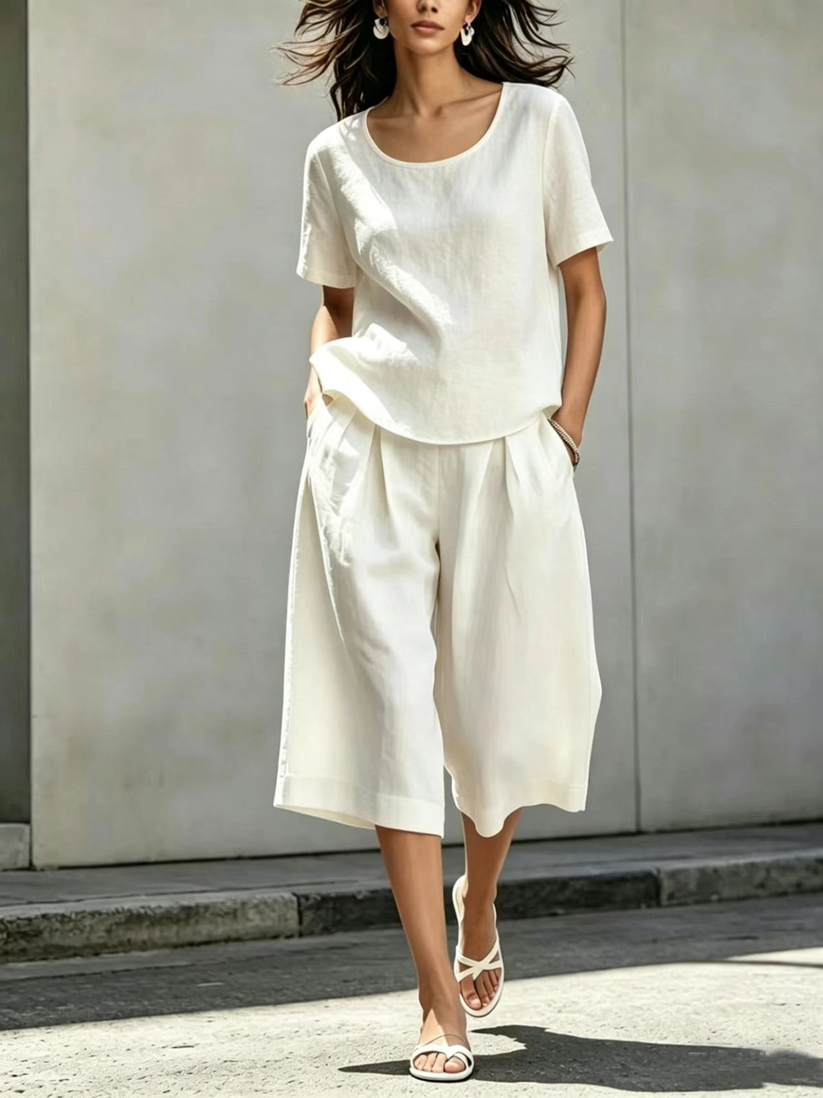 Cotton-linen Casual Loose-fitting Short-sleeve Top And Shorts Set