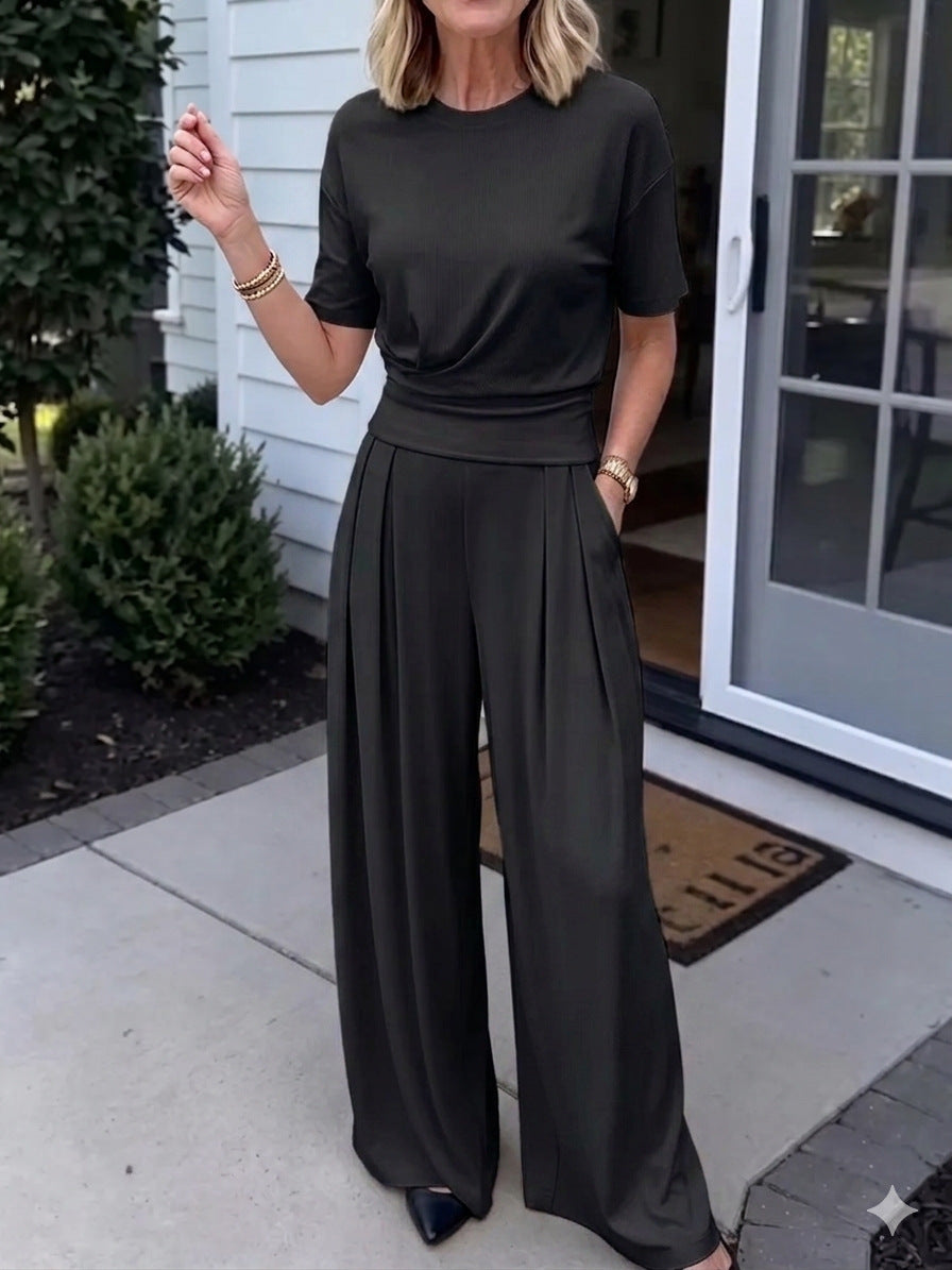 Womens Loose Crew-Neck T-Shirt And Wide-Leg Pants Two-Piece Set