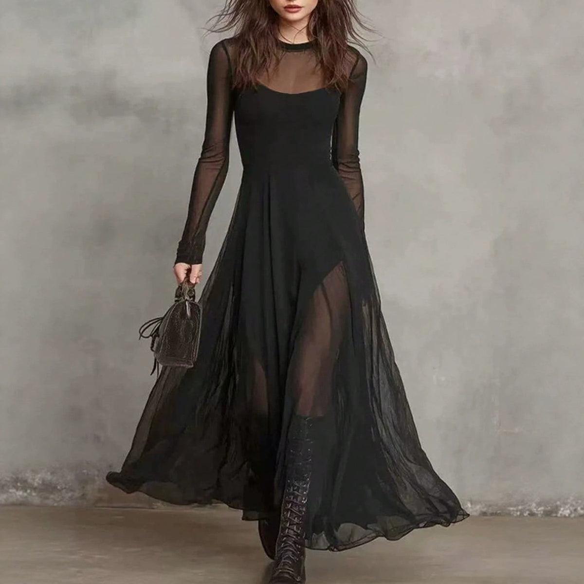 Elegant Mesh-spliced Two-piece Dress Set