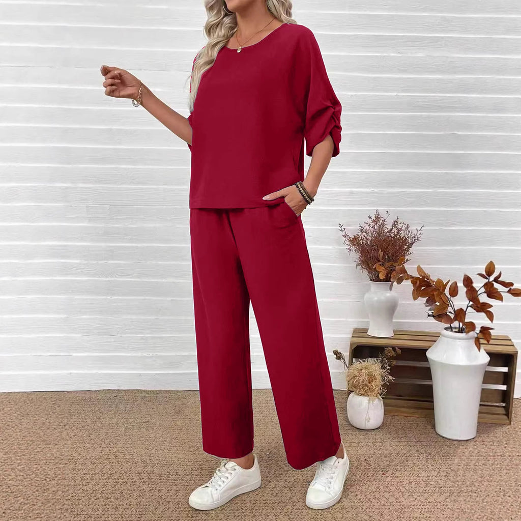 Crew-neck Top Wide-leg Pants Loose Fit