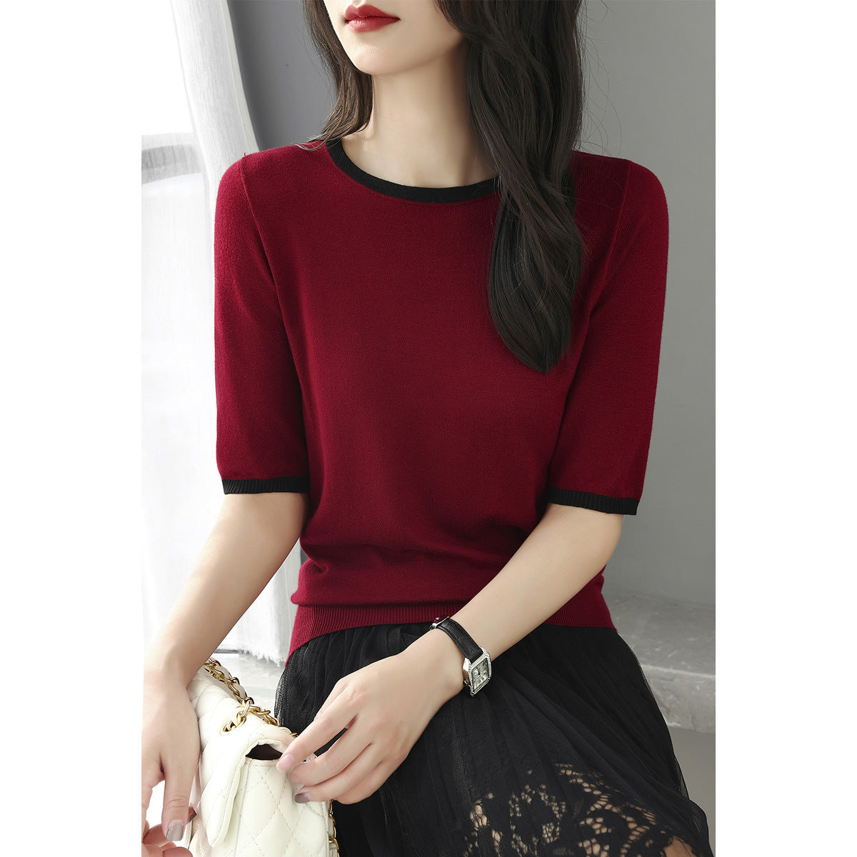 Color-blocked Three-quarter-sleeve Versatile Chic Base Top