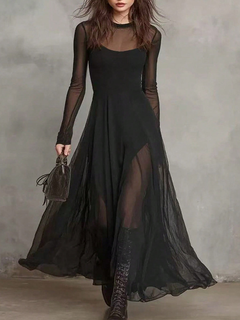 Elegant Mesh-spliced Two-piece Dress Set