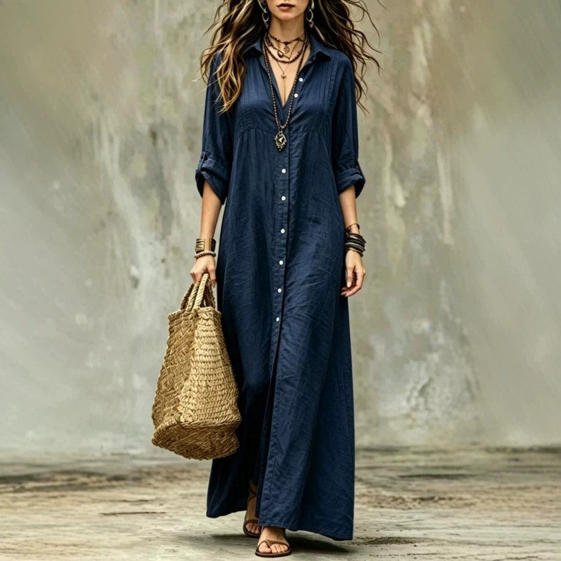 Shirt-collar Floor-length Casual Simple Long Dress