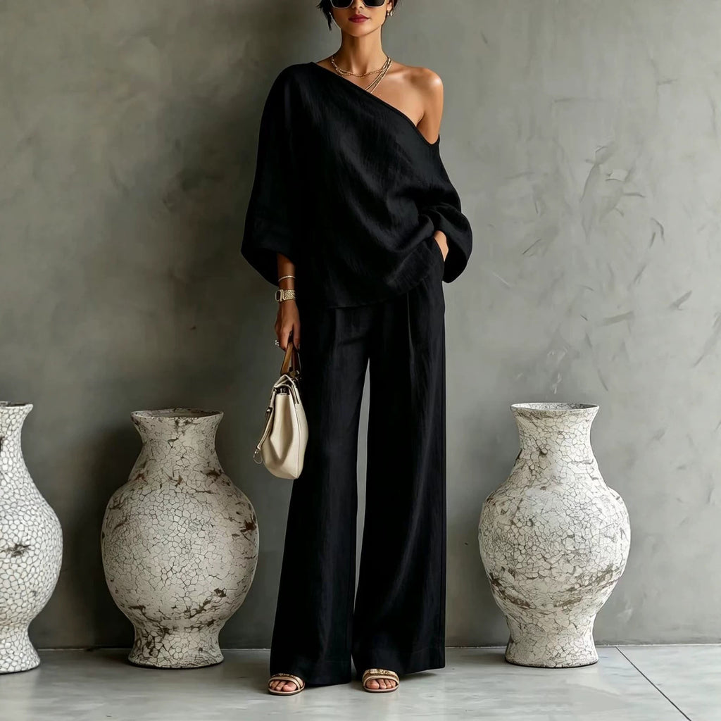 Elegant Off-shoulder Top And Loose Wide-leg Pants Set In A Relaxed, Laid-back Style