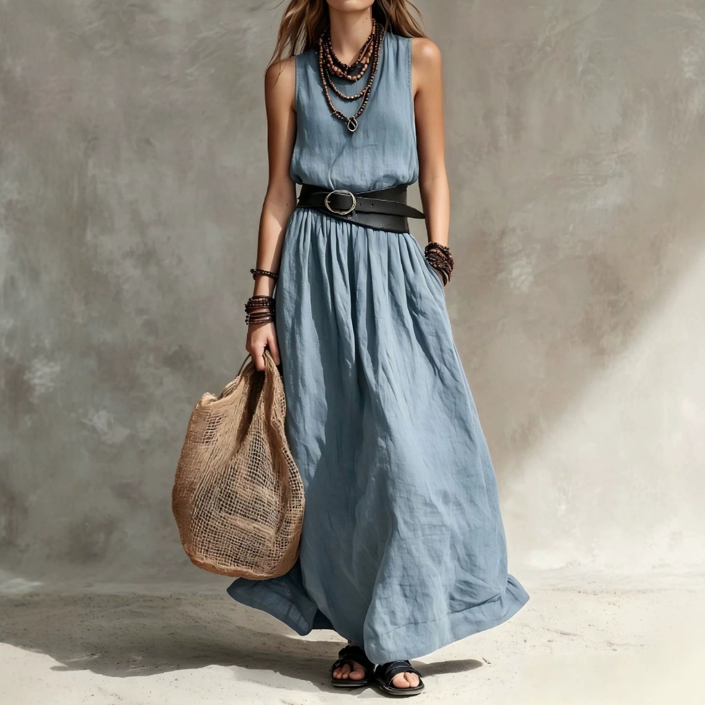Turn-down Collar Long Sleeveless Dress