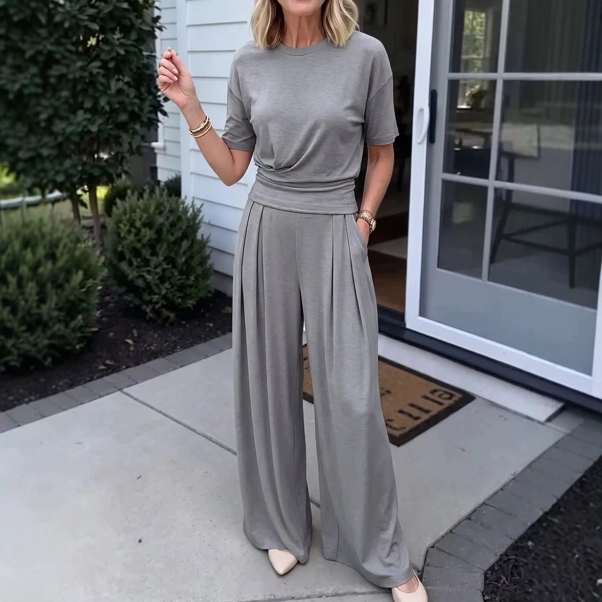 Womens Loose Crew-Neck T-Shirt And Wide-Leg Pants Two-Piece Set