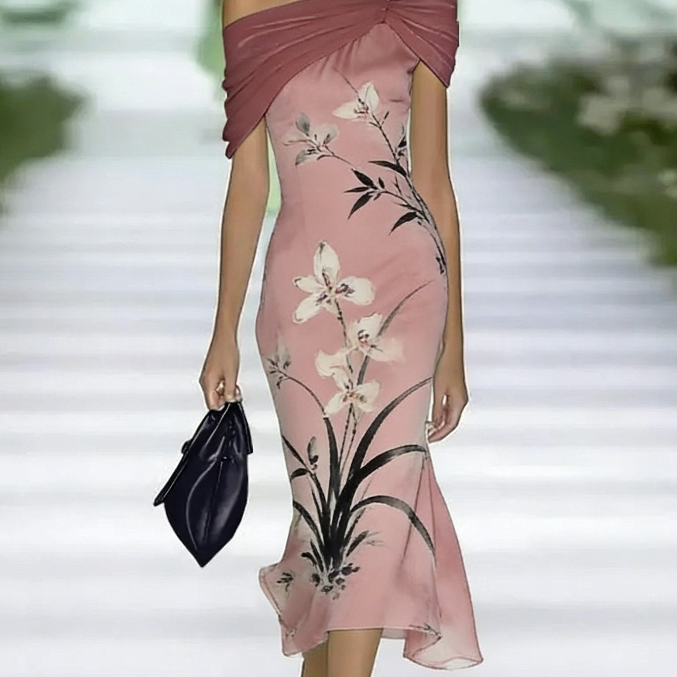Womens Slim-fit Floral Elegant Off-shoulder Short-sleeve Dress