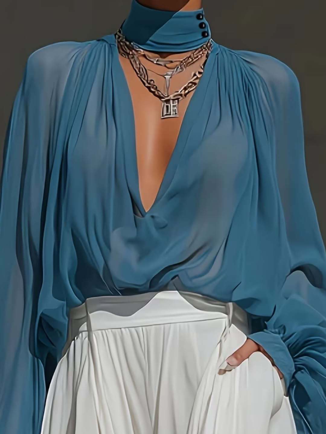 Loose-fit Plus-size Long-sleeve Shirt With A Deep V-neck And Puff Sleeves