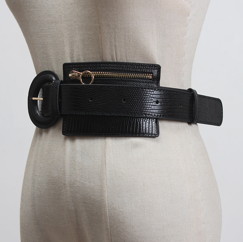 Leather Waist Belt with fashion stitching and zipper design
