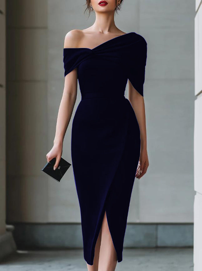 Elegant Commuter Solid-Color Asymmetrical Dress Gown