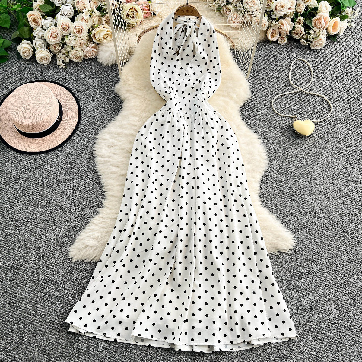 Womens French-style Polka-dot Halter-neck Dress