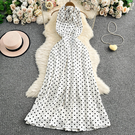 Womens French-style Polka-dot Halter-neck Dress