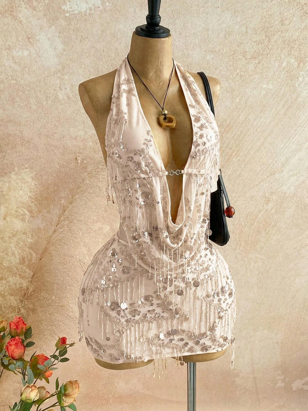 Sequin Tassel Halter Bodysuit And Cutout Figure-hugging Sheath Skirt