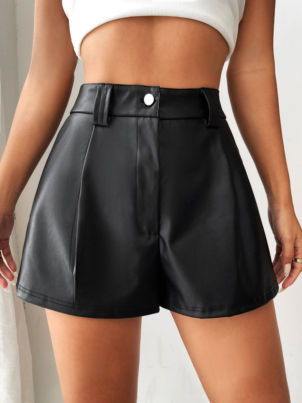 European And American-style Sexy Solid-color Leather Patchwork High-waist Slim-fit Straight-leg Leather Pants