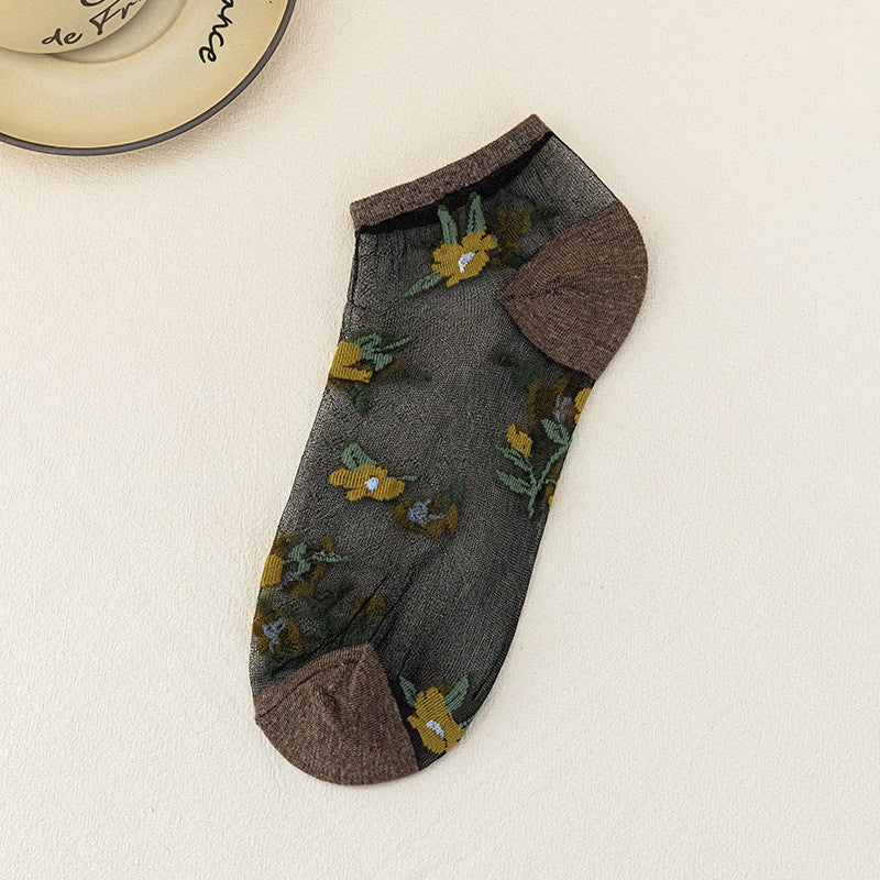5pairs Spring And Summer New Arrivals Women's Flower Boat Socks Breathable Glass Fiber Boat Socks
