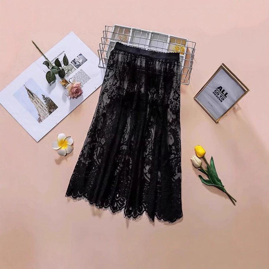 Mesh Base-layer Lace Midi Skirt For Women