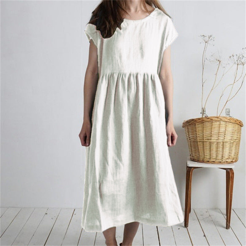 Solid-color Pleated Loose-fit Casual Cotton-linen Dress For Women