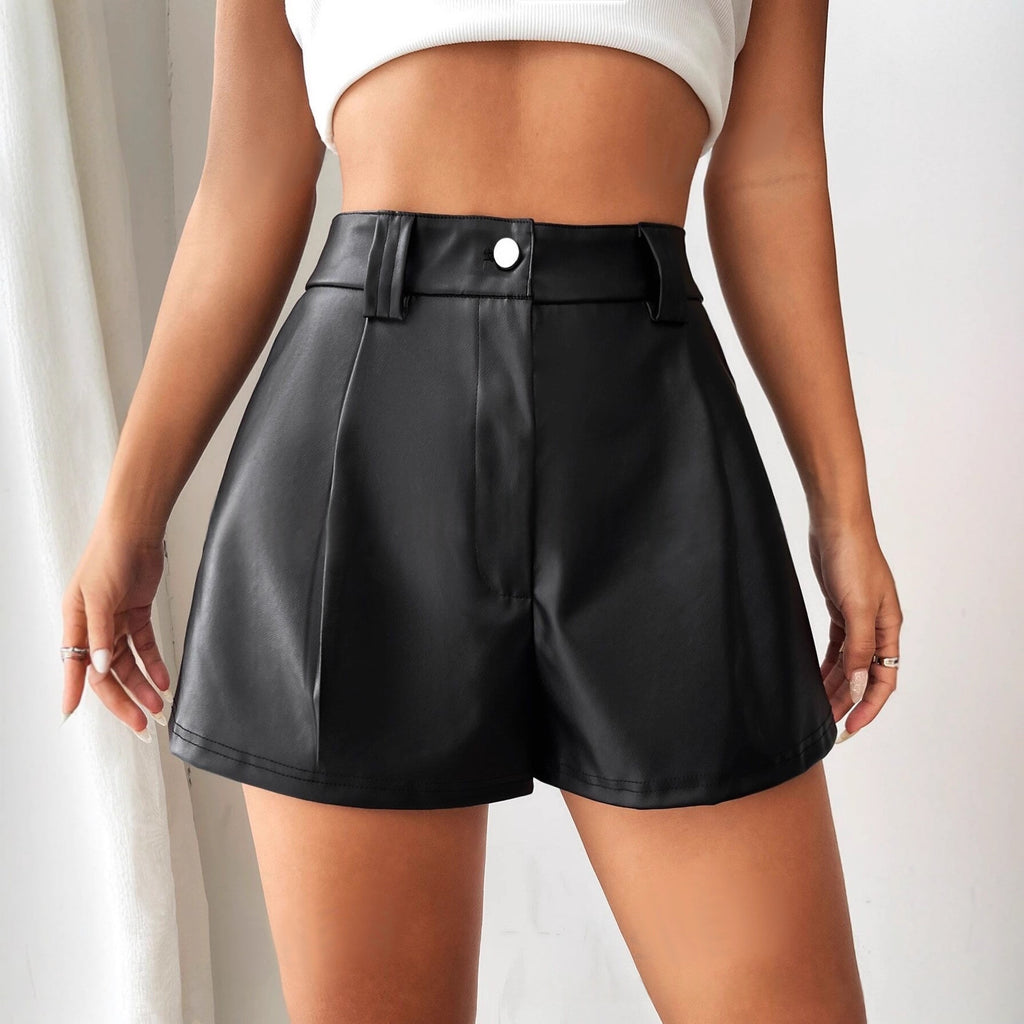 European And American-style Sexy Solid-color Leather Patchwork High-waist Slim-fit Straight-leg Leather Pants