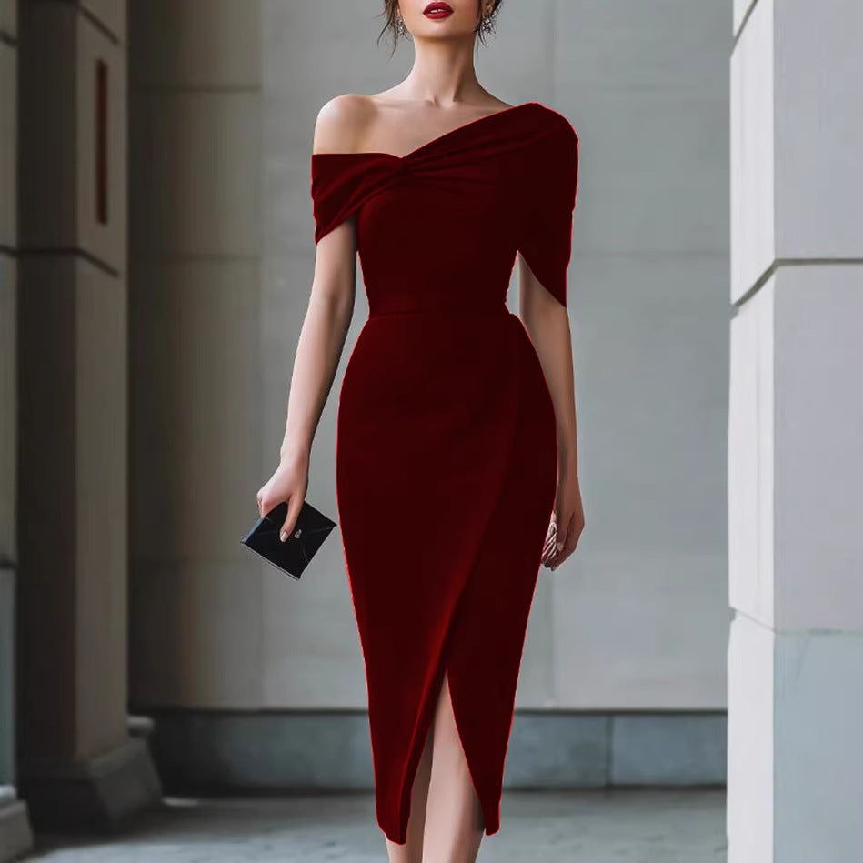 Elegant Commuter Solid-Color Asymmetrical Dress Gown