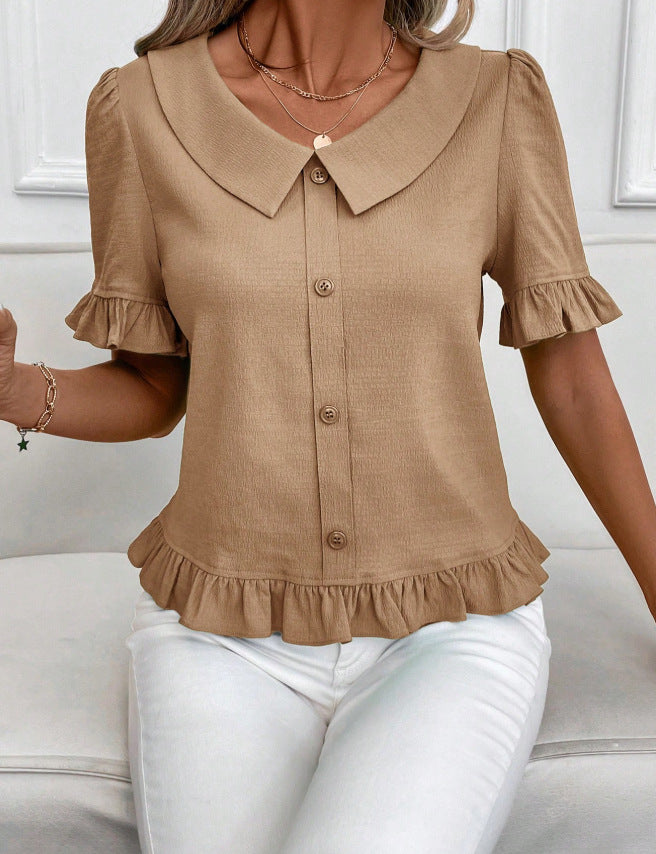 Women's Front-Button Petal-Sleeve Short-Sleeve Summer Fashion