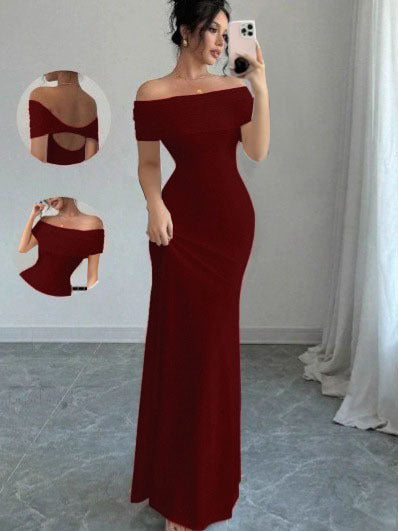 Womens Solid-Colored Sleeveless Off-Shoulder Fashionable Sheath Dress