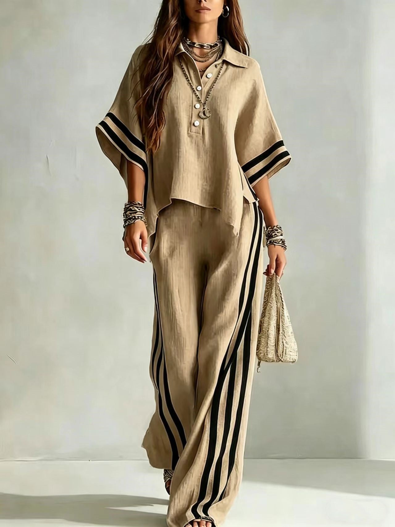 Womens Clothing Short-Sleeve Shirt And Loose Pants Two-Piece Set