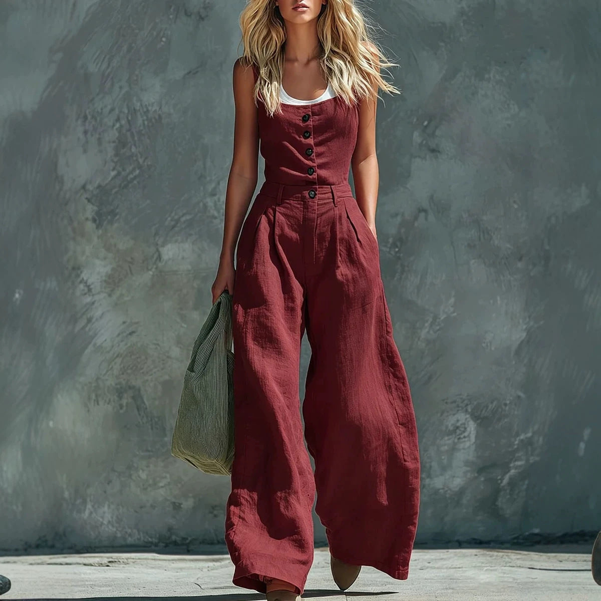 Womens Retro High-Waisted Wide-Leg Jumpsuit