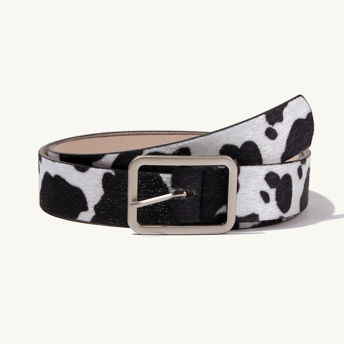 Black and White Cow Pattern Belt with Horsehair PU Design