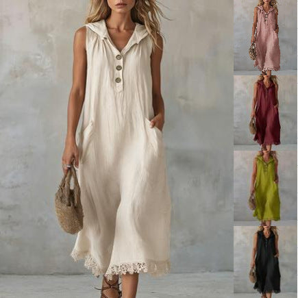 Casual Patchwork Lace-trimmed Linen And Cotton Hooded Dress