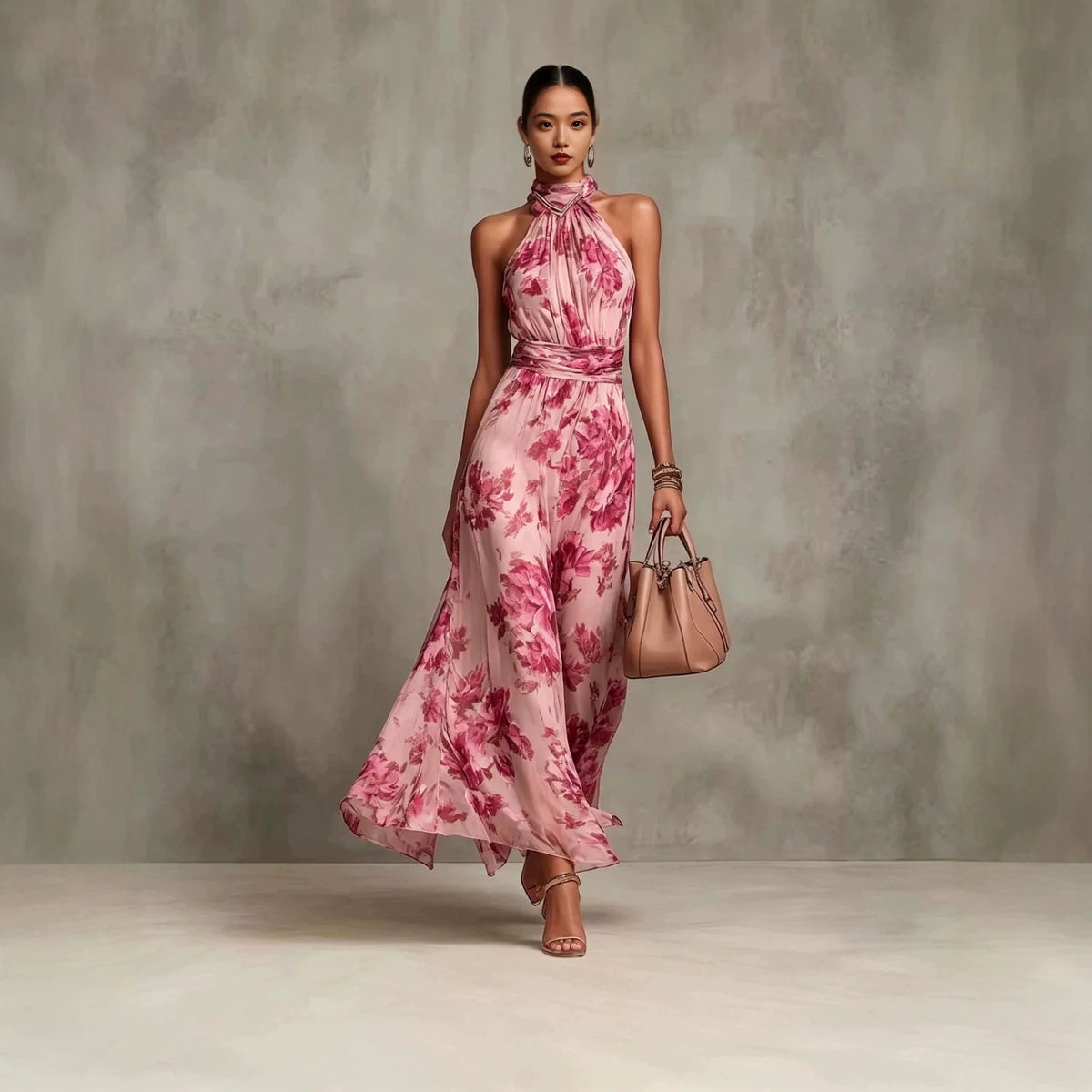 Neck-hanging Printed Chiffon Maxi Dress