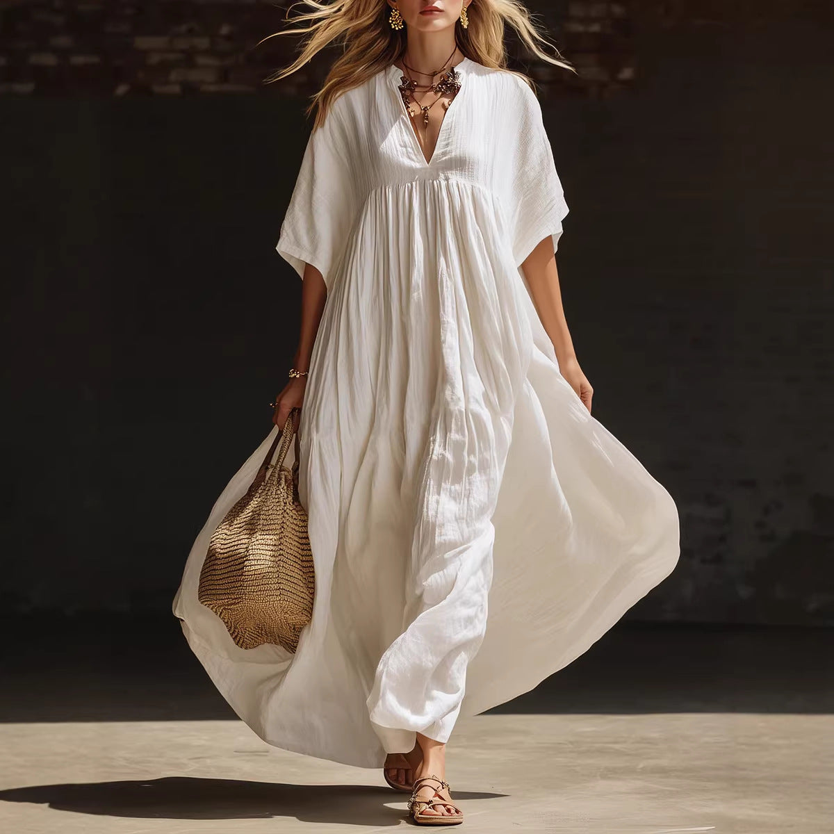 Summer Solid-Color Loose Beach Vacation Long V-Neck Dress