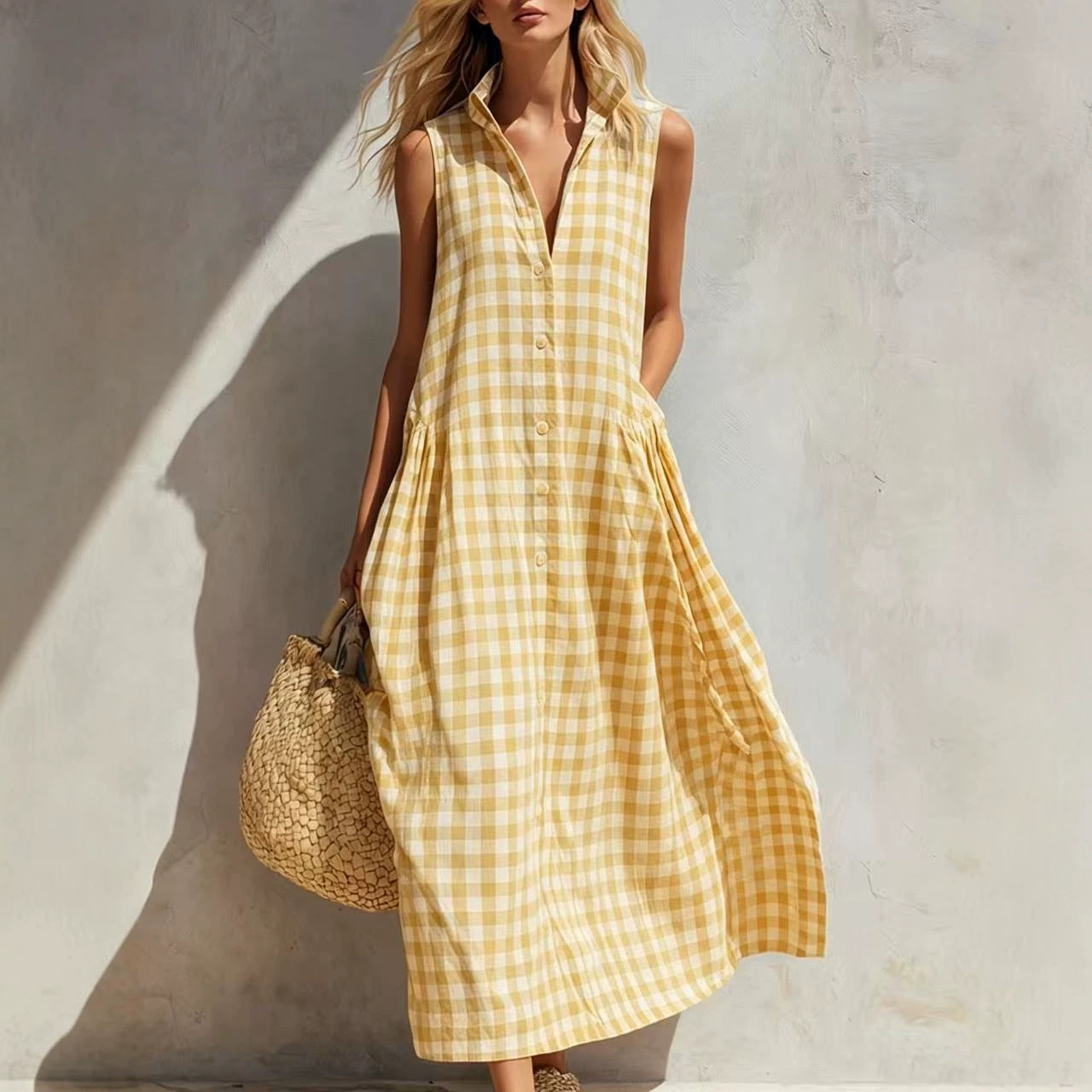 New Summer Beach Plaid Loose Long Dress