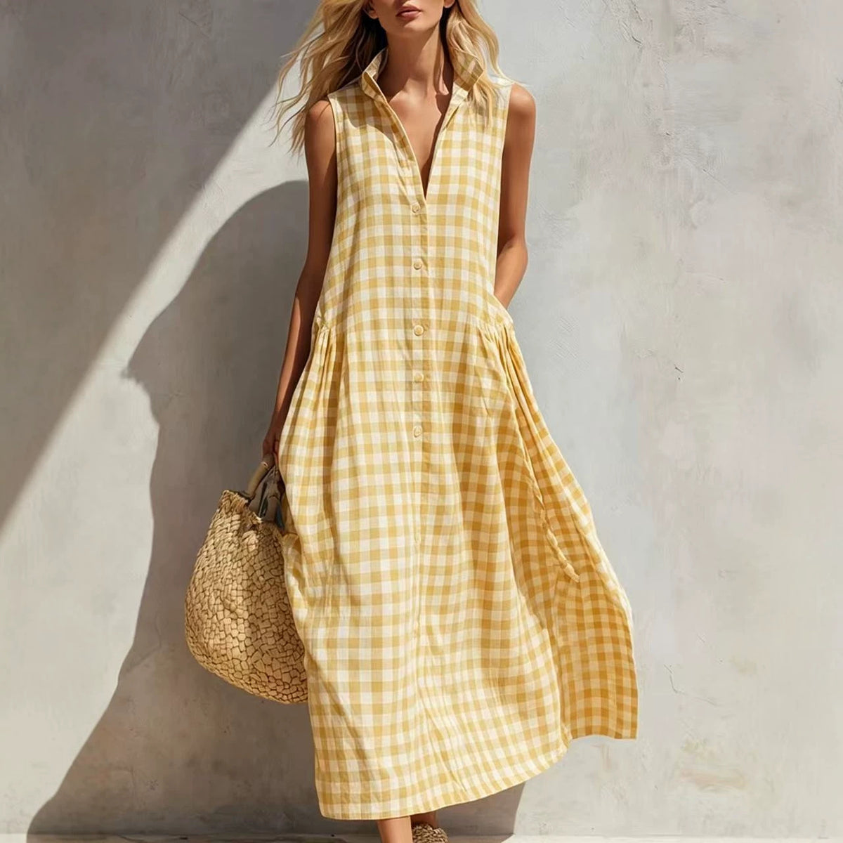 New Summer Beach Plaid Loose Long Dress