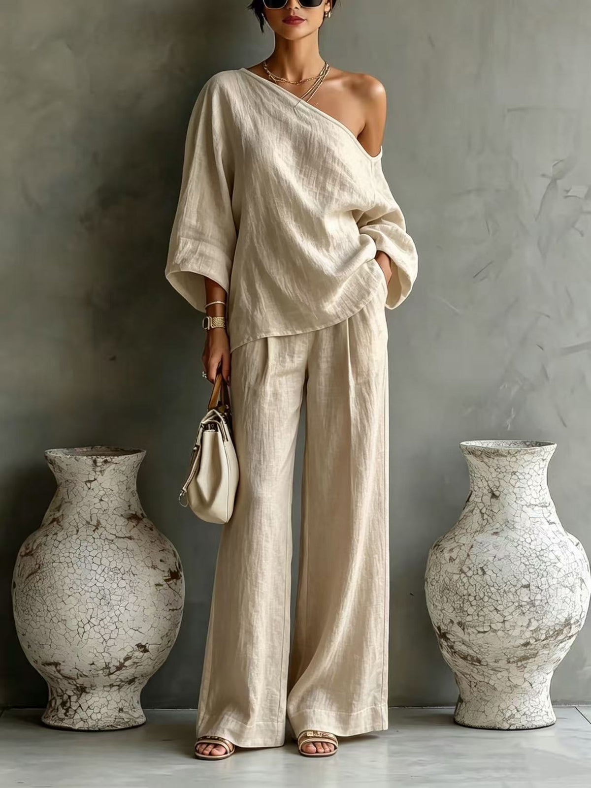 Elegant Off-shoulder Top And Loose Wide-leg Pants Set In A Relaxed, Laid-back Style