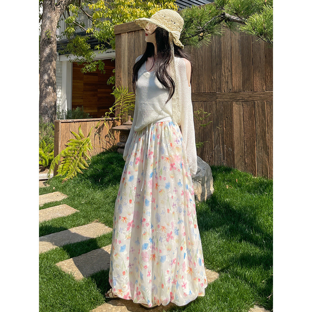 Contrast-color High-waisted Cloud-patterned Midi Puffy Skirt