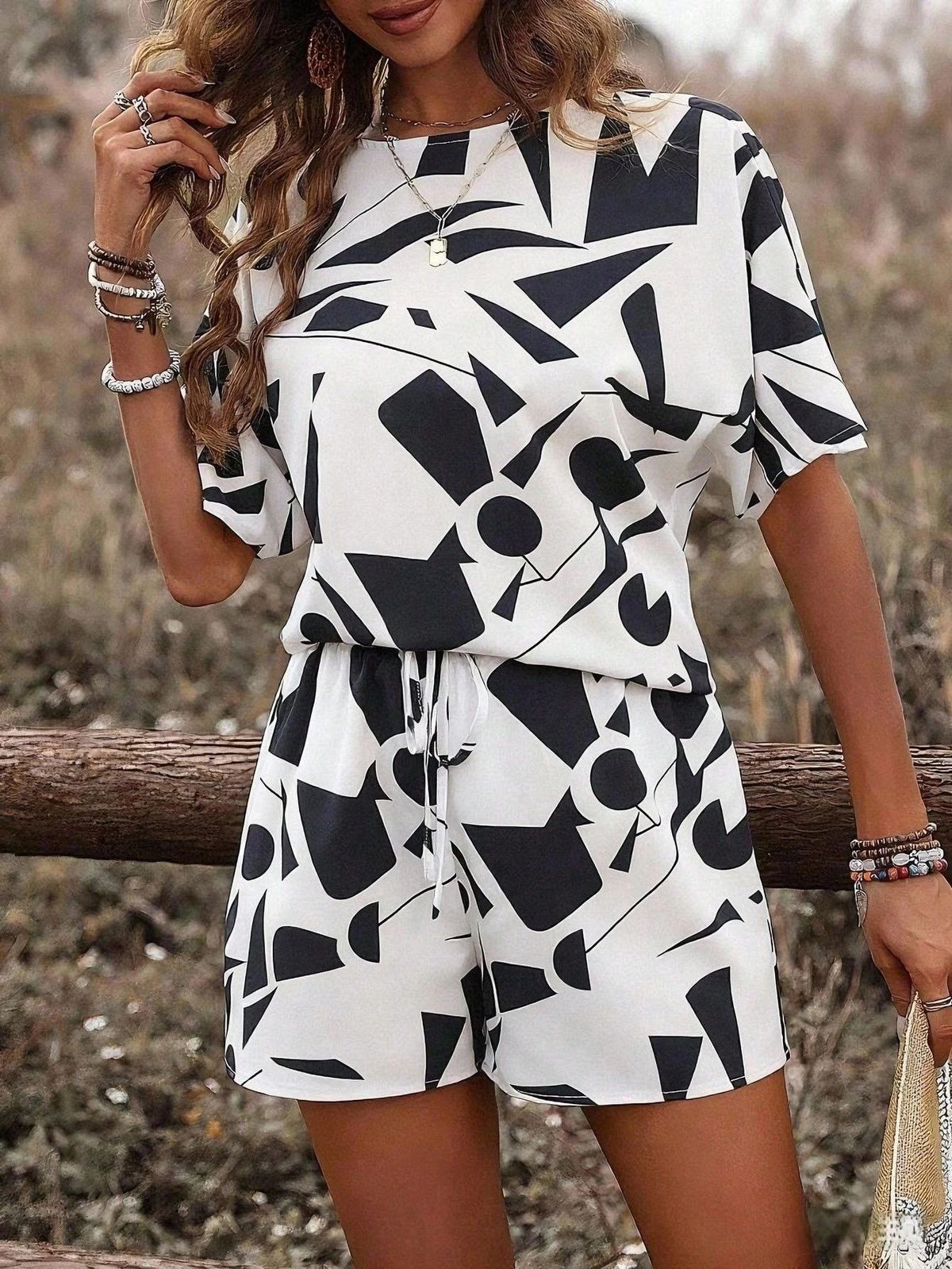Casual Fashionable And Trendy Short-sleeve Crew-neck Top With Tie-dye Design And Matching Shorts Set