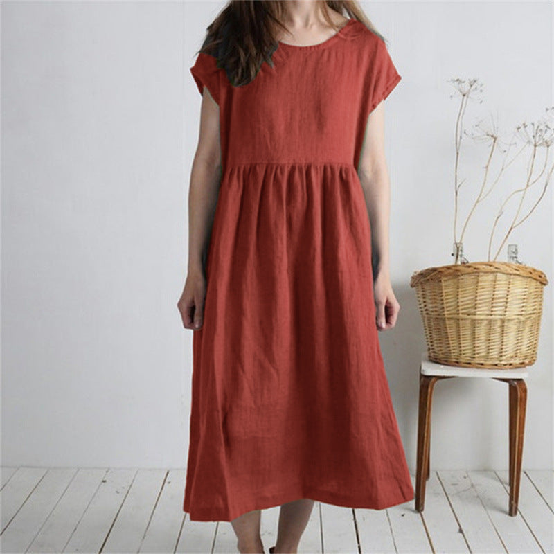 Solid-color Pleated Loose-fit Casual Cotton-linen Dress For Women