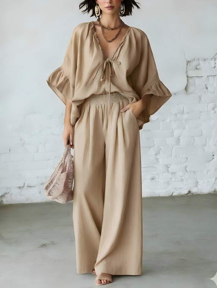 Loose-fit Cotton-linen V-neck Wide-leg Pants Two-piece Set