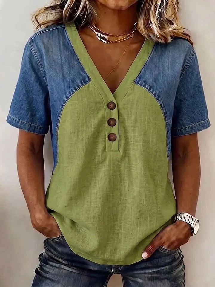Fashionable Trendy Womens Loose Denim Patchwork T-Shirt