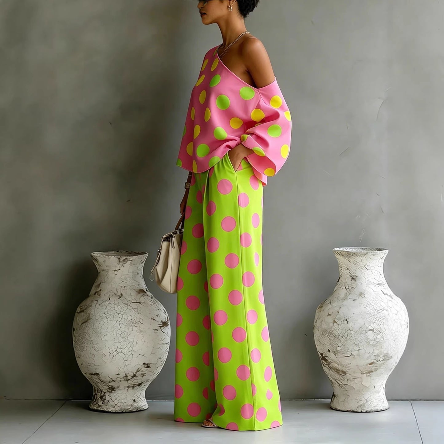 Womens Colorful Polka-Dot Off-Shoulder Flowy Two-Piece Pants Set