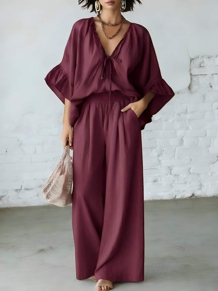 Loose-fit Cotton-linen V-neck Wide-leg Pants Two-piece Set