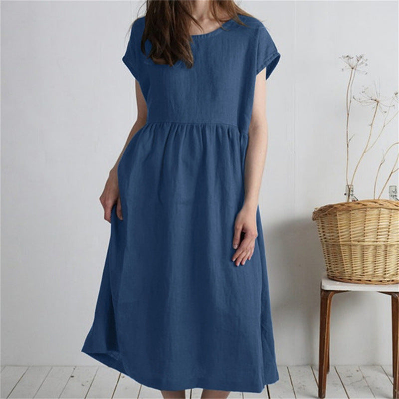 Solid-color Pleated Loose-fit Casual Cotton-linen Dress For Women