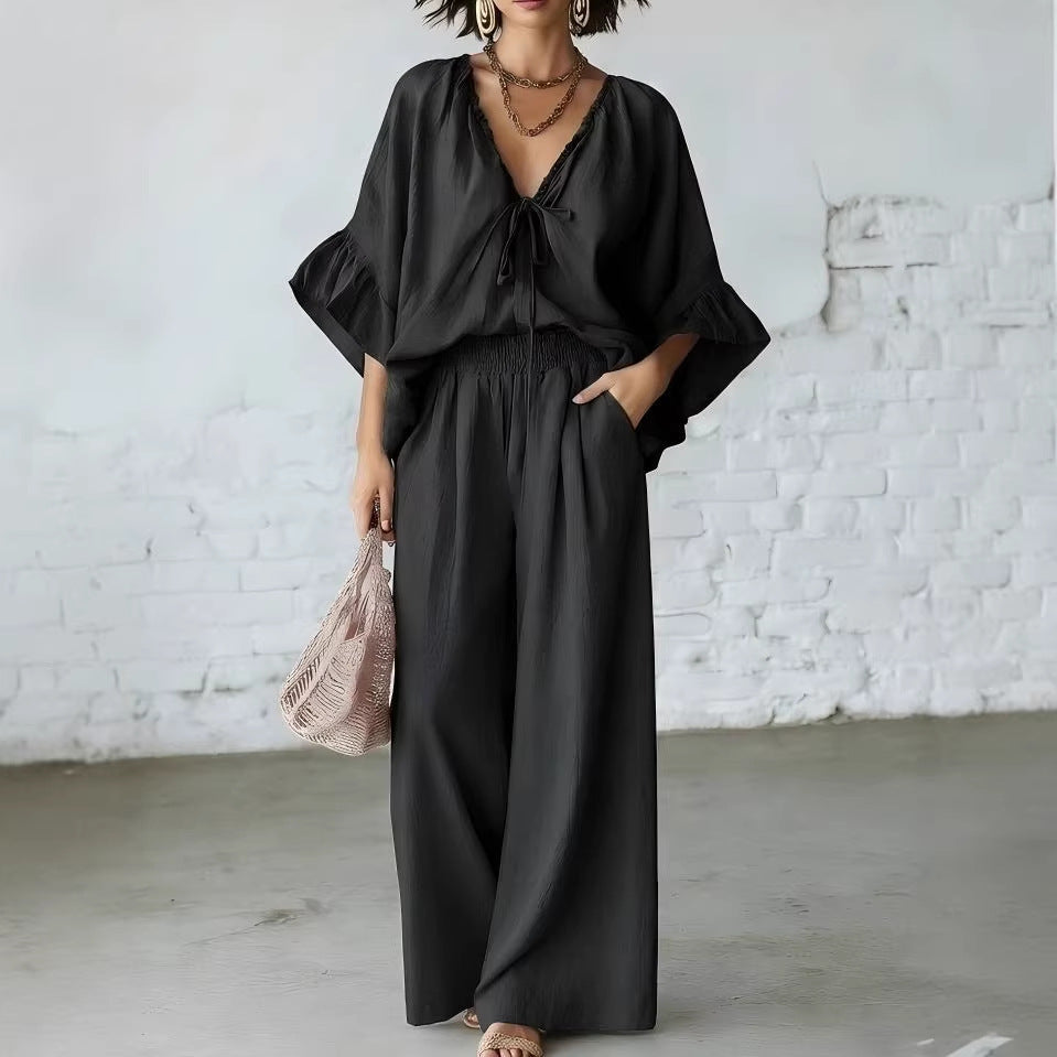 Loose-fit Cotton-linen V-neck Wide-leg Pants Two-piece Set