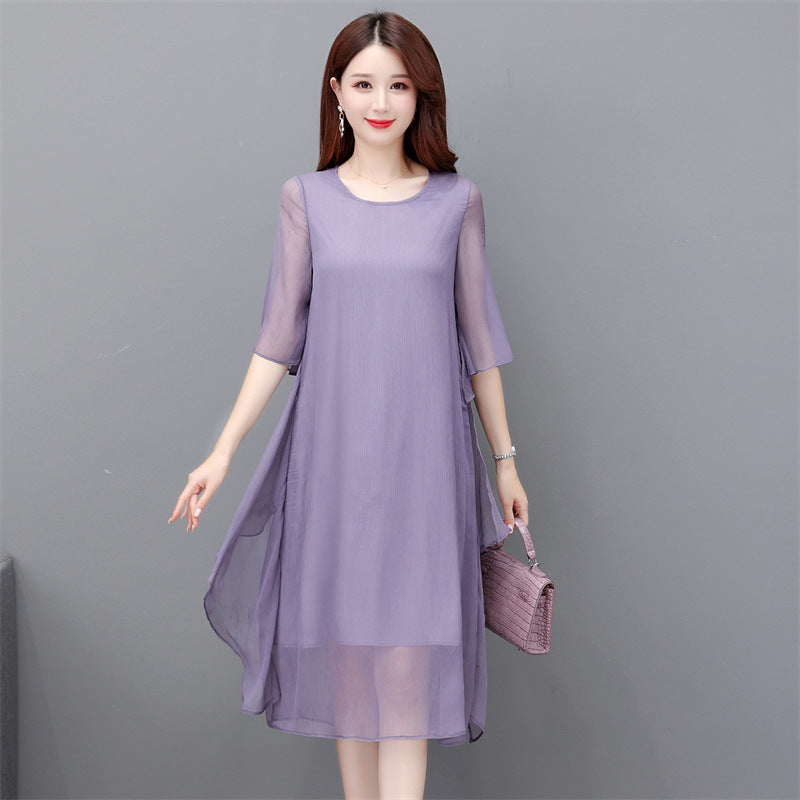 Womens Solid-color Chiffon Ruffled Flounce Dress