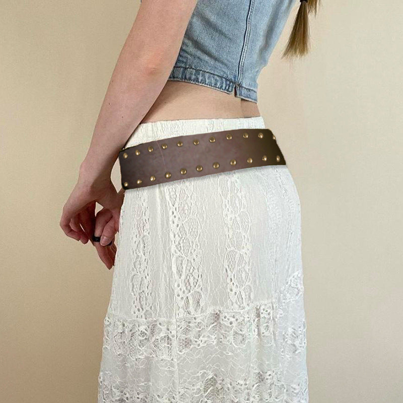 Retro Punk Belt with brown rivets and metal ring buckle