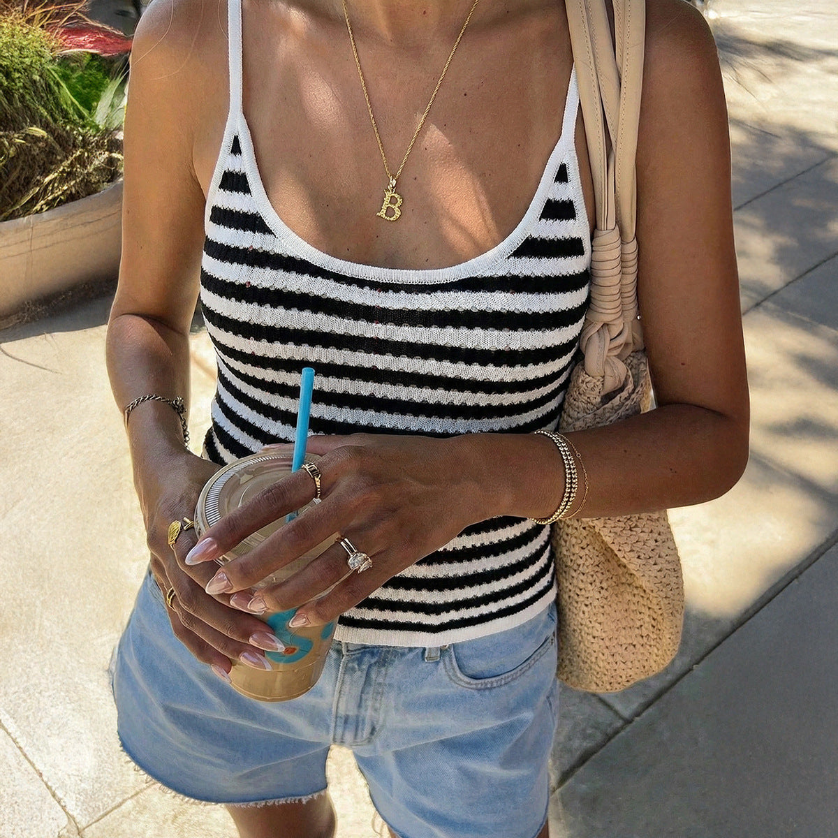 European And American-style Casual Striped Knitted Camisole