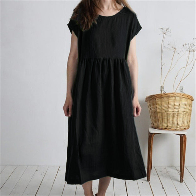 Solid-color Pleated Loose-fit Casual Cotton-linen Dress For Women