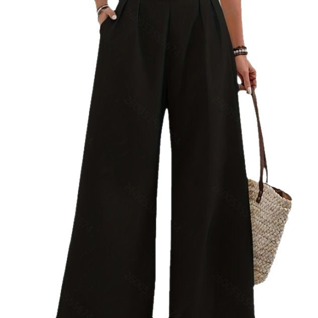 Pocketed High-waisted Fashionable Versatile Wide-leg Trousers Long Pants